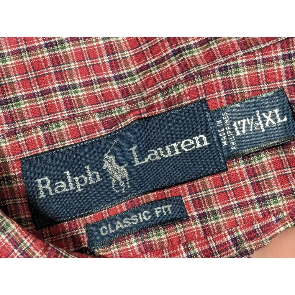 VTG POLO RALPH LAUREN CLASSIC FIT Men XL (17‎ 1/2) Red Plaid Cotton Shirt EUC